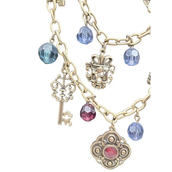 Multistrand Charm Necklace 22" Brass Tone Beads Locks Keys Shield Charms - Picture 7 of 16